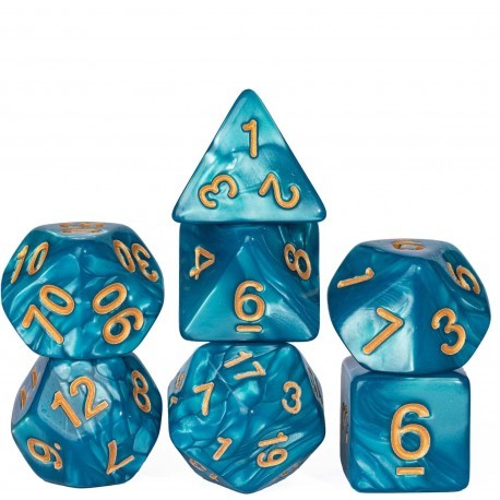 Kit de 7 des - JD - pearl - cyan / gold
